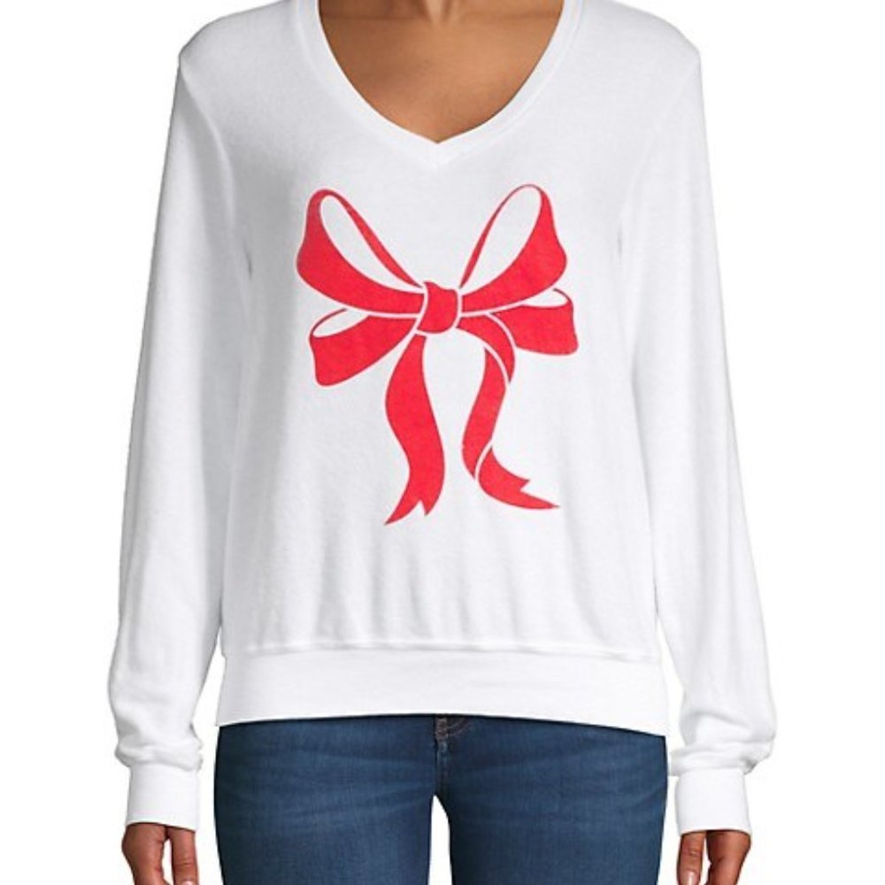 Wildfox White Red Bow Front Printed Sweater